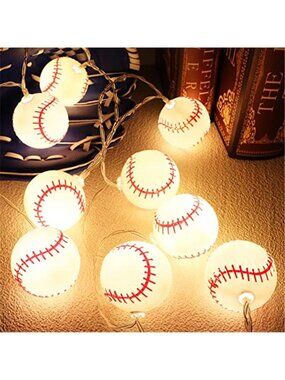 Baseball LED String Lights Warm White Battery Timer Boys Room Sport Decor